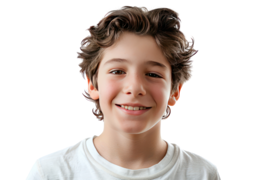 A teenage boy with a mischievous smile playful facial expression Isolated on white background.