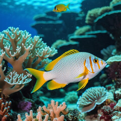 Fototapeta premium Vibrant orange white yellow blue red reef fish swim through coral reef. Sun rays pierce sea water. Variety of animal. Ecology hydrosphere. Anthropogenic factor influencing death of coral reefs. AI