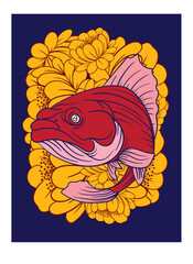 fish illustration design for sukajan is mean japan traditional cloth or t-shirt with digital hand drawn Embroidery Men T-shirts Summer Casual Short Sleeve Hip Hop T Shirt Streetwear