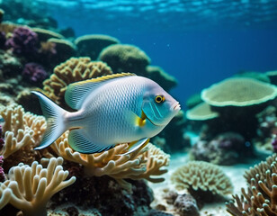 Obraz premium Vibrant orange white yellow blue red reef fish swim through coral reef. Sun rays pierce sea water. Variety of animal. Ecology hydrosphere. Anthropogenic factor influencing death of coral reefs. AI