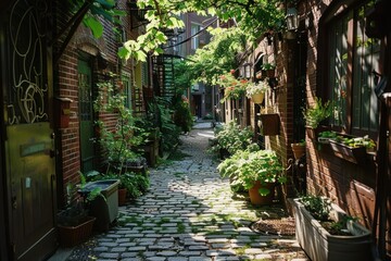 Fototapeta premium Sunlit Brick Alleyway with Greenery and Cobblestone Path