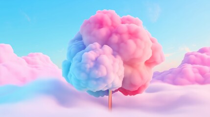 Fototapeta premium A tree with pink, purple and blue leaves is growing in a cloud of pink, purple