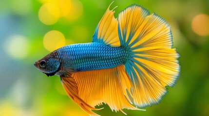 A fish with a blue body and yellow tail. The fish is swimming in a green tank