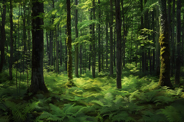 Serene Forest Scene with Lush Greenery and Sunlit Canopy, Abundant Foliage, and Verdant Flora