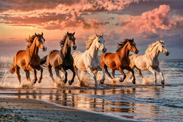 A Group of Horses Galloping Along a Beach at Sunset, With the Ocean Waves Splashing Around Them.