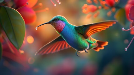 A colorful hummingbird is flying through a lush green forest. The bird's vibrant colors and graceful flight create a sense of freedom and beauty in the scene