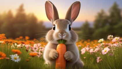 rabbit in the grass and eating carrot