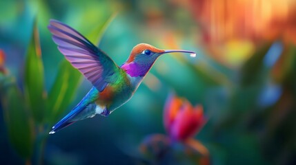 A colorful hummingbird is flying through a lush green forest. The bird's vibrant colors and graceful flight create a sense of freedom and beauty in the scene