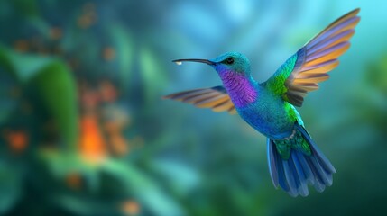 A colorful hummingbird is flying through a lush green forest. The bird's vibrant colors and graceful flight create a sense of freedom and beauty in the scene