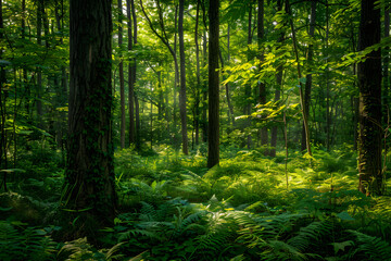 Serene Forest Scene with Lush Greenery and Sunlit Canopy, Abundant Foliage, and Verdant Flora