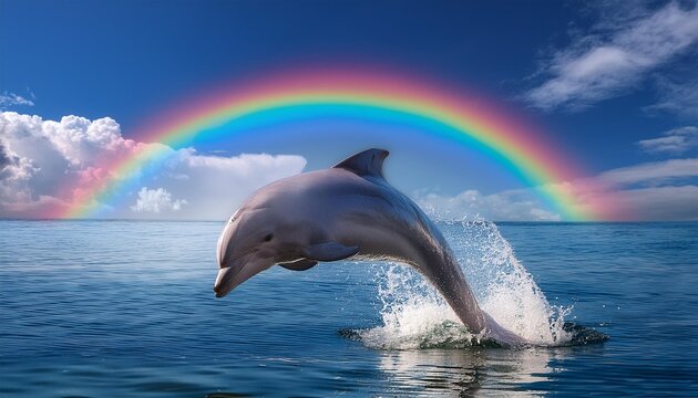 dolphin jumping out of water and rainbow in background 