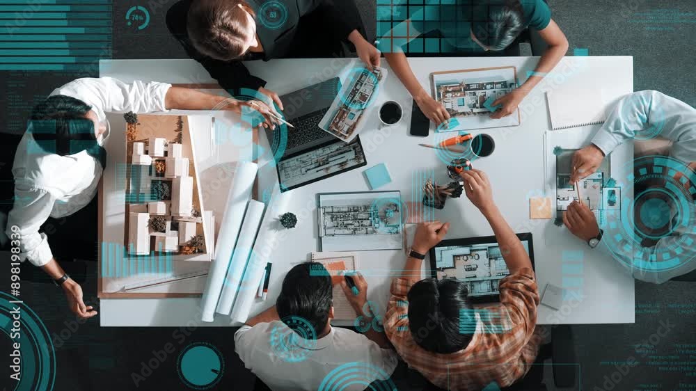 Poster top view of architect engineer measure blueprint by using architectural equipment while group of des