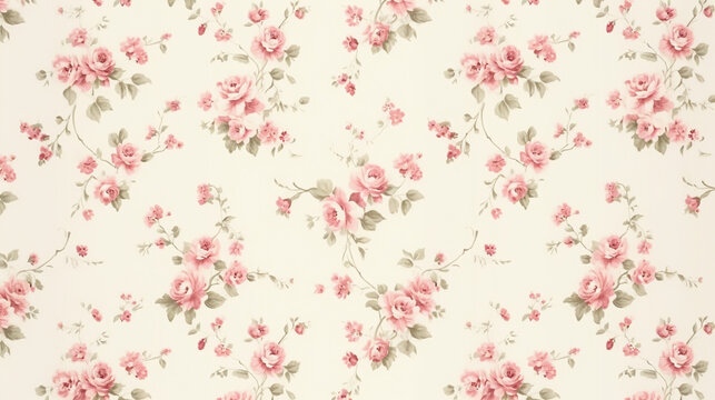Cute pink tiny roses pattern on a cream background, small floral pattern, vintage shabby chic style wallpaper.floral line art, floral patterns, seamless patterns, background, large flowers.
