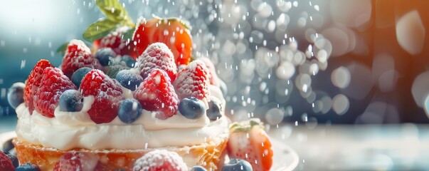Delicious strawberry and blueberry cake with whipped cream, sprinkled with powdered sugar.