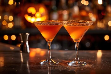 Two Orange Cocktails with Cinnamon Sugar Rims on a Bar Counter