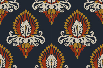 Ikat floral paisley embroidery on black background. Traditional ethnic ikat, aztec abstract vector pattern, seamless pattern in tribal, folk embroidery and mexican style.