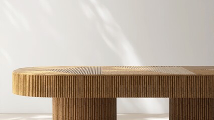 Brown bamboo table in dappled sunlight on white wall for beauty, cosmetic, skincare product podium...