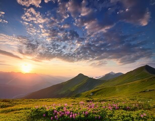 mountain landscape in summer with sunset and  rainbow in the background, norwegian fjords inspiration