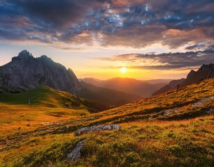 mountain landscape in summer with sunset and  rainbow in the background, norwegian fjords...