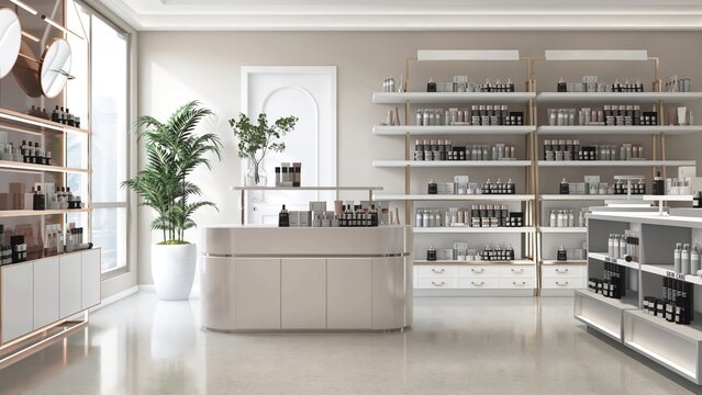 Wide angle of modern cosmetic and skincare product store with shelf, counter in sunlight from window on beige white wall for luxury shop interior design decoration 3D
