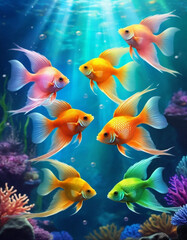 Fototapeta premium Vibrant orange white yellow blue red reef fish swim through coral reef. Sun rays pierce sea water. Variety of animal. Ecology hydrosphere. Anthropogenic factor influencing death of coral reefs. AI