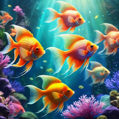 Fototapeta premium Vibrant orange white yellow blue red reef fish swim through coral reef. Sun rays pierce sea water. Variety of animal. Ecology hydrosphere. Anthropogenic factor influencing death of coral reefs. AI