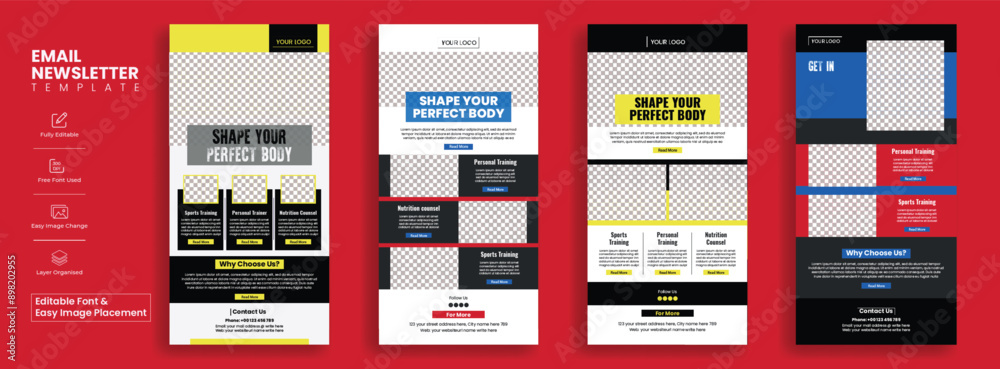 Canvas Prints set of editable gym and fitness email newsletter templates suitable for fitness website ui interface