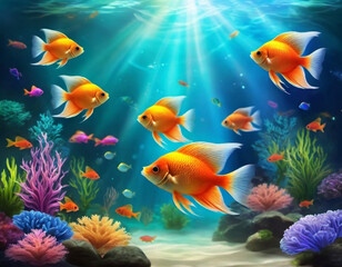 Naklejka premium Vibrant orange white yellow blue red reef fish swim through coral reef. Sun rays pierce sea water. Variety of animal. Ecology hydrosphere. Anthropogenic factor influencing death of coral reefs. AI