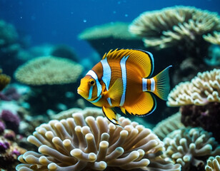 Vibrant orange white yellow blue red reef fish swim through coral reef. Sun rays pierce sea water. Variety of animal. Ecology hydrosphere. Anthropogenic factor influencing death of coral reefs. AI