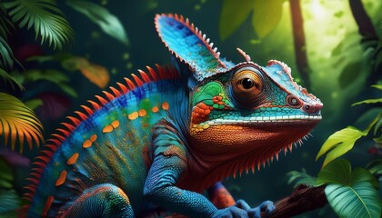 Fototapeta premium Vibrant Chameleon in Lush Jungle: A stunning closeup of a chameleon with vibrant blue, green, and red scales, perched on a branch in a lush, tropical jungle. The chameleon's eye is focused on the view