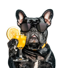 Portrait of black bulldog with black sunglasses holding a cocktail on a cut out PNG transparent background