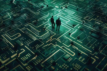 Business professionals navigating maze made of circuit boards, tech industry challenges, with copy space