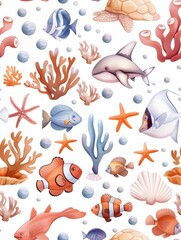 An underwater world featuring sea creatures in a seamless aquatic pattern rendered in watercolor style