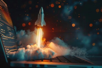 Fototapeta premium Business rocket launching from laptop screen, online startup success, with copy space