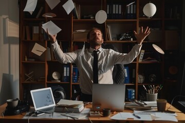 Businessman juggling office supplies and gadgets, multitasking skills, with copy space