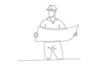 Architect looking at drawings. Labor concept one-line drawing