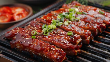 Close-up of Delicious BBQ Ribs with Sesame Seeds and Green Onions