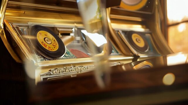 Vintage Jukebox With Gold Trim and Records Playing Music in a Restaurant
