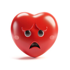 3D sad red heart character with teary eyes and downturned mouth, concept of heartbreak and sadness, isolated in white background.
