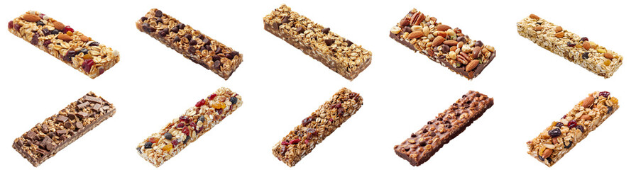 Set of healthy energy protein bar with almond, seeds, nuts and other isolated on background, high protein snack bar.