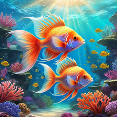 Fototapeta premium Vibrant orange white yellow blue red reef fish swim through coral reef. Sun rays pierce sea water. Variety of animal. Ecology hydrosphere. Anthropogenic factor influencing death of coral reefs. AI