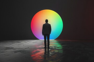 Businessperson stepping through portal from grayscale to colorful world, embracing change, with copy space