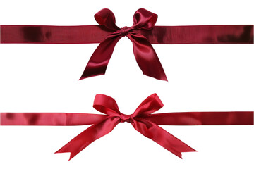 Red ribbon with a bow for Christmas, birthday, or valentines day present decoration set isolated on a transparent background, cut out, PNG
