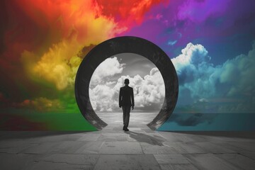 Businessperson stepping through portal from grayscale to colorful world, embracing change, with copy space