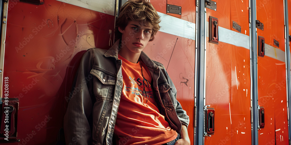 Wall mural Lanky Teen: A tall, lanky high schooler leaning against a locker.