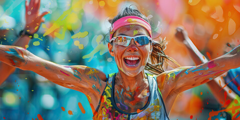 Radiant Runner: A female marathoner smiling as she crosses the finish line.