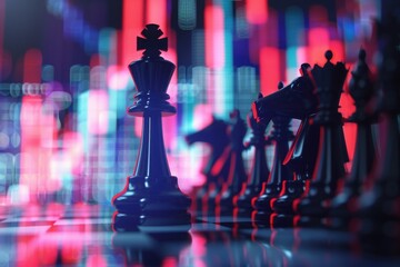 Chess pieces on giant stock market graph, strategic investment planning, with copy space