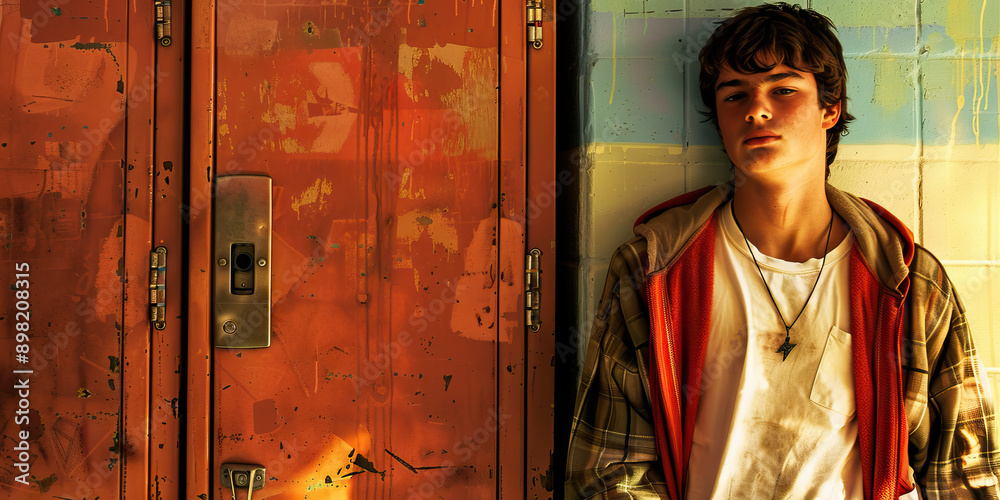 Wall mural Lanky Teen: A tall, lanky high schooler leaning against a locker.