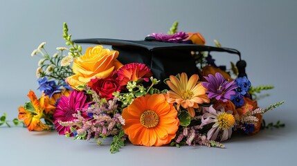 graduation cap decorated with colorful flowers and inspirational quotes, set against a white background to highlight its personalized and celebratory look.