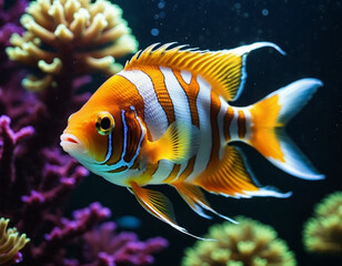 Vibrant orange white yellow blue red reef fish swim through coral reef. Sun rays pierce sea water. Variety of animal. Ecology hydrosphere. Anthropogenic factor influencing death of coral reefs. AI